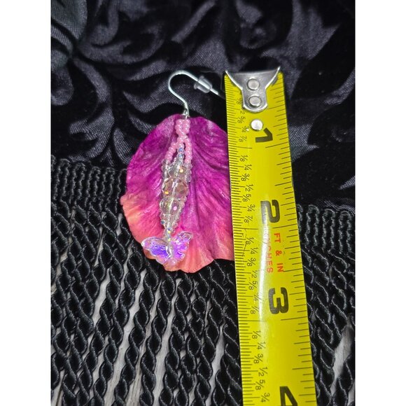 Crafted .925 Sterling Silver Pink Hibiscus Gemstone Ornamental Dangle Earrings - Picture 5 of 6